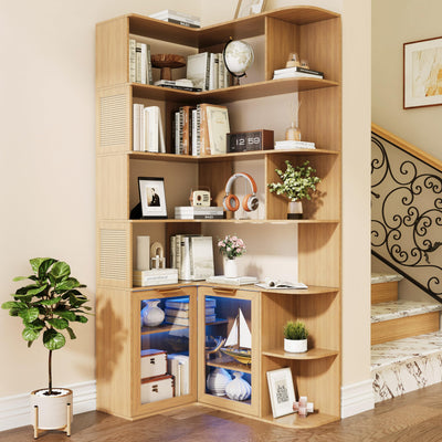 Wildhome Corner Shelf with Storage Cabinet,7-Tier Corner Bookshelf,Farmhouse L Shaped Shelves Etagere Bookcase, Large L Shaped Bookshelf with Vine Woven Open Storage Cabinet for Home Office