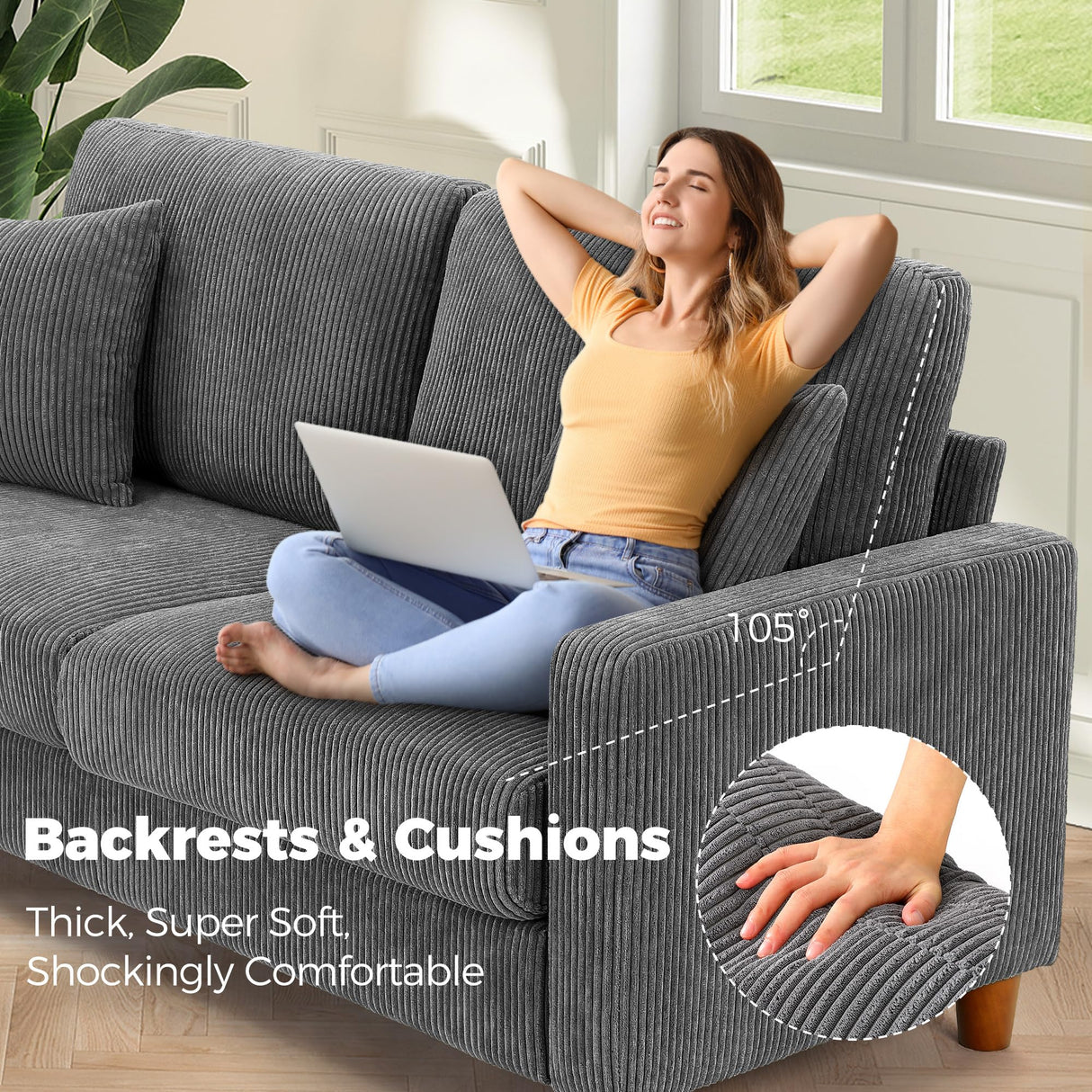 Kidirect 70in Corduroy Couch, Sofas for Living Room No Tool Assembly, Comfy Couches for Living Room 21in Deep Seats, Oversized Loveseat Sofa with 2 Pillows, 3 Seater Couch for Bedroom, Grey Sofa Kidirect