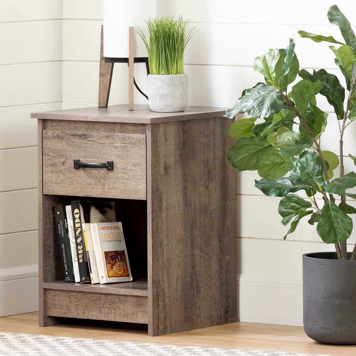 South Shore Tassio 1-Drawer Nightstand-Weathered Oak South Shore
