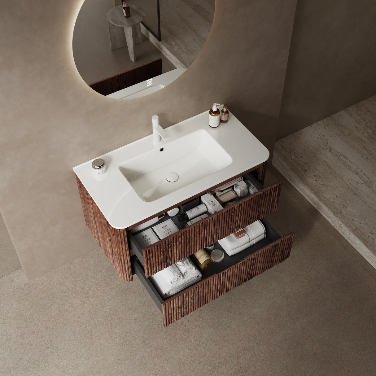 GUCOGUKA Wall-Mounted Bathroom Vanity, 36'' Floating Vanity with Sink Combo, Plywood Bathroom Vanity with 2 Soft-Close Drawers, Sink Hole Cover and Drain﻿, Retro Walnut GUCOGUKA