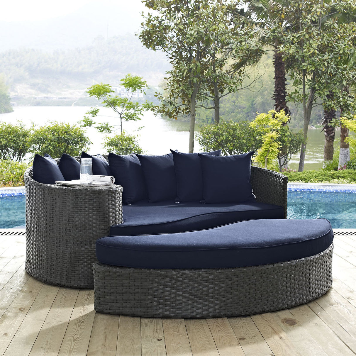 Modway Sojourn Wicker Rattan Outdoor Patio Sunbrella Fabric Daybed in Canvas Navy Modway