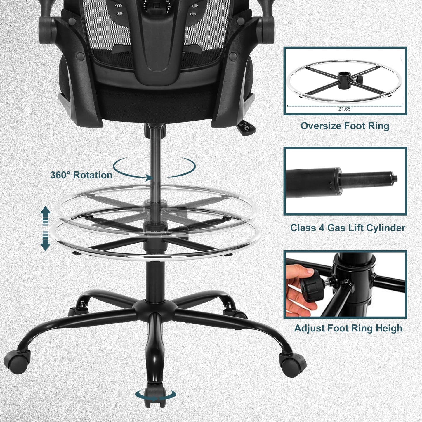 Luckyear Drafting Chair,Ergonomic Tall Office Chairs,Standing Desk Chair with Adjuatable Height,Breathable Mesh High Chair with Foot Rest,Stool Chair with Flip up Arms,Counter Height Chairs,B - WoodArtSupply