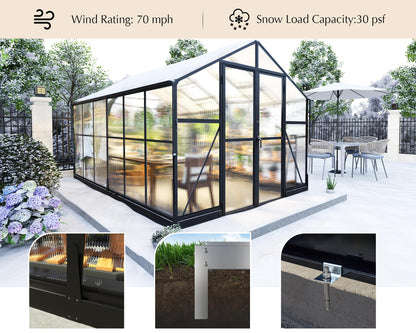 Albott 8x12x7FT Polycarbonate Greenhouse, Green House with Quick-Connect System, Walk in Greenhouse with 4 Vent Windows and Swing Lockable Door, Greenhouses for Outdoors, Sunroom Black