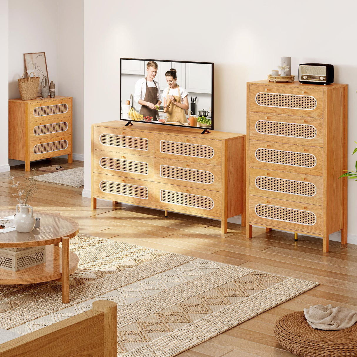 DWVO 47" Tall Natural Rattan 5 Drawer Dresser, Boho Dresser Chest of Drawers with Golden Handles, Wood Dresser Storage Cabinet for Hallway, Entryway, Hold up to 300lbs, Oak DWVO