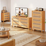 DWVO 47" Tall Natural Rattan 5 Drawer Dresser, Boho Dresser Chest of Drawers with Golden Handles, Wood Dresser Storage Cabinet for Hallway, Entryway, Hold up to 300lbs, Oak DWVO