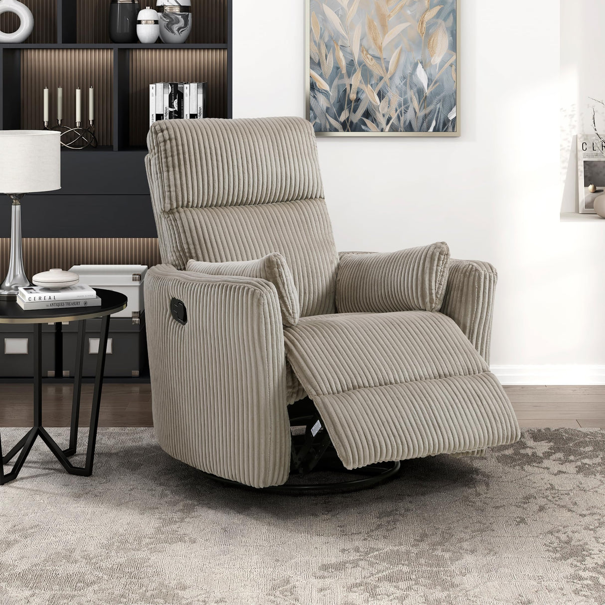 Lexicon Modern Swivel Glider Recliner Chair, Nursery Glider, Corduroy Fabric Upholstery Recliner with 2 Lumbar Pillows, Manual Reclining Sofa Chair for Living Room/Office/Apartment, Taupe Lexicon