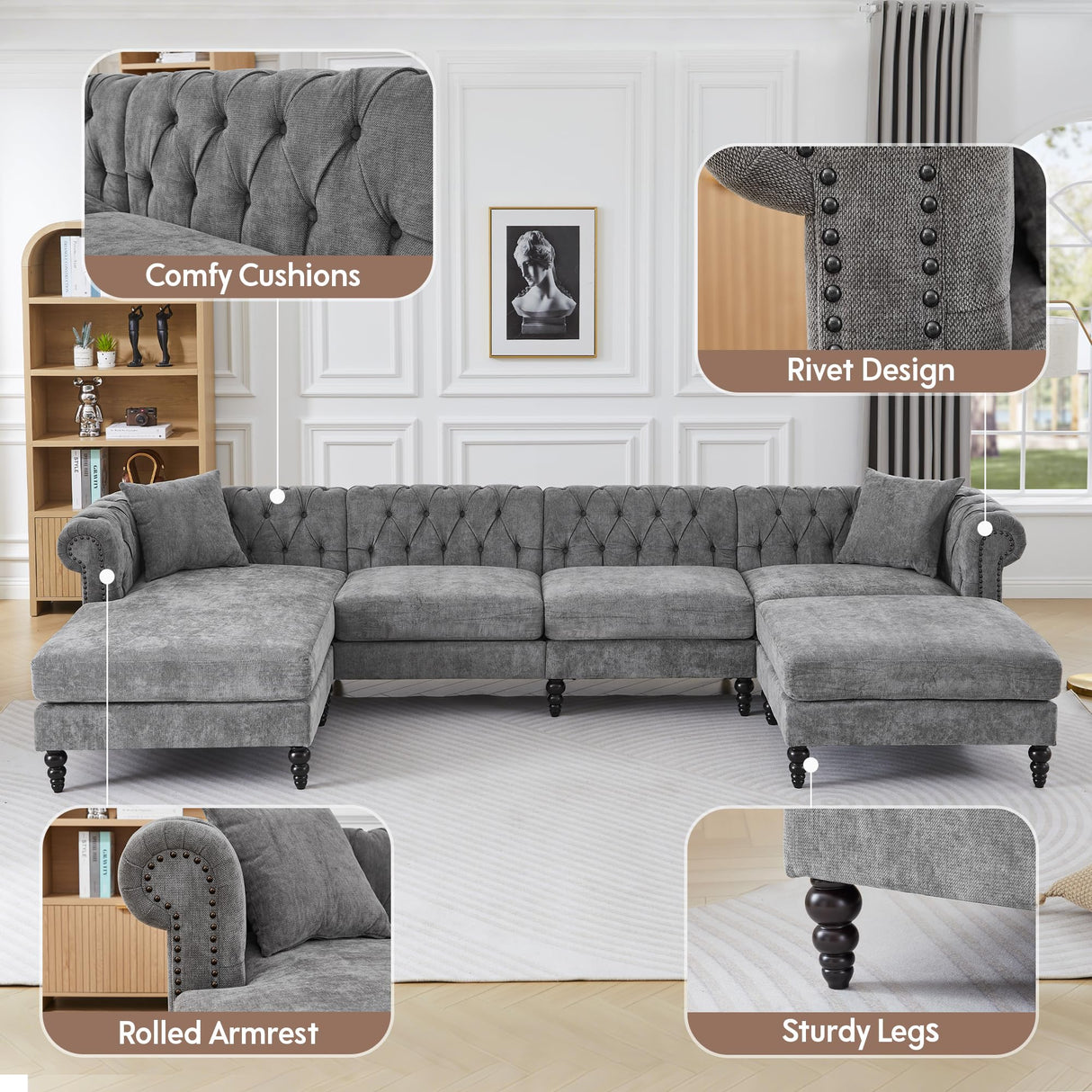 U Shaped Chesterfield Sofa, Oversized Sectional Linen Couch, Chaise Ottoman Sofa Upholstered Accent Tufted Couch with Rolled Armrest and Nailhead Design for Living Room, Office - Grey ORRD