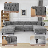 U Shaped Chesterfield Sofa, Oversized Sectional Linen Couch, Chaise Ottoman Sofa Upholstered Accent Tufted Couch with Rolled Armrest and Nailhead Design for Living Room, Office - Grey ORRD