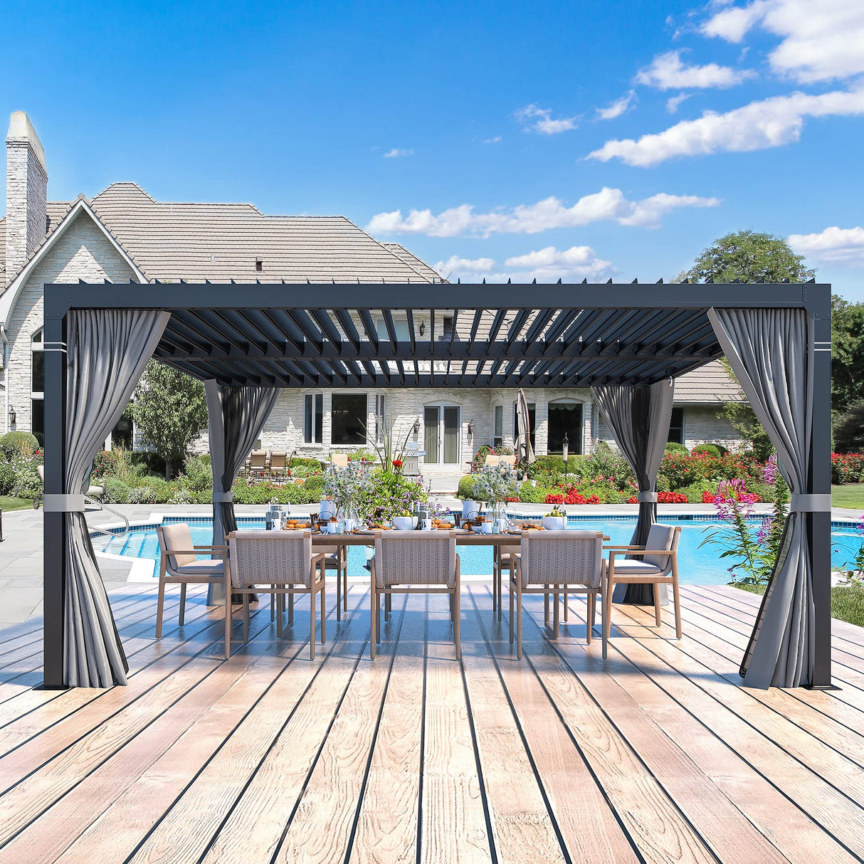 MELLCOM Louvered Pergola 10x12, Aluminum Pergola with Adjustable Louvered Roof, Outdoor Small Pergola with Waterproof Curtains and Nets, Gray MELLCOM
