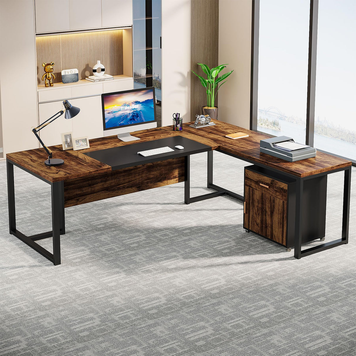 Tribesigns 70.8-Inch Executive Desk with File Cabinet, Large L Shaped Computer Desk with Storage Cabinet, L Shaped Desk with Drawer Cabinet, Rustic Brown & Black Tribesigns