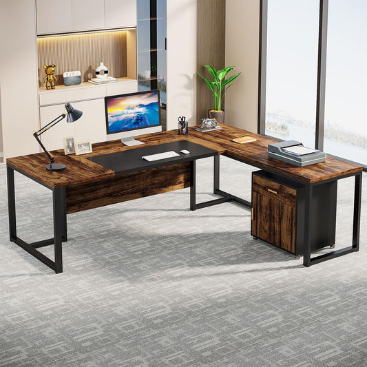 Tribesigns 70.8-Inch Executive Desk with File Cabinet, Large L Shaped Computer Desk with Storage Cabinet, L Shaped Desk with Drawer Cabinet, Rustic Brown & Black - WoodArtSupply