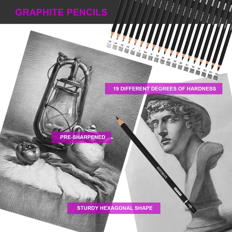 HIFORNY 70 Pcs Drawing Set Sketching Kit - Sketch Pencils Art Supplies for Adults Artists Kids with 3-Color Sketchbook,Graphite,Pastel,Charcoal Pencils,Blending Tools HIFORNY