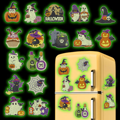 16 Pcs Luminous Halloween Diamond Art Magnets Kit, Glow in The Dark Diamond Painting Magnet Set for Adults Kids Beginners, Halloween Cute Ghost DIY Craft Fridge Magntic Stickers Home Decor Gifts