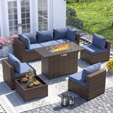 UDPATIO Outdoor Patio Furniture Set with Fire Pit Table, 8 Piece Outdoor Sectional Sofas, All-Weather Wicker Patio Conversation Set for Garden, Backyard Navy Blue UDPATIO