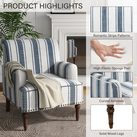 UIXE Stripe Accent Chair Arm Chair, Modern Nailhead Trim Club Armchair with Wood Legs, Comfy Living Room Single Sofa Reading Seat Bedroom Side Seating for Home Office, Dark Blue UIXE