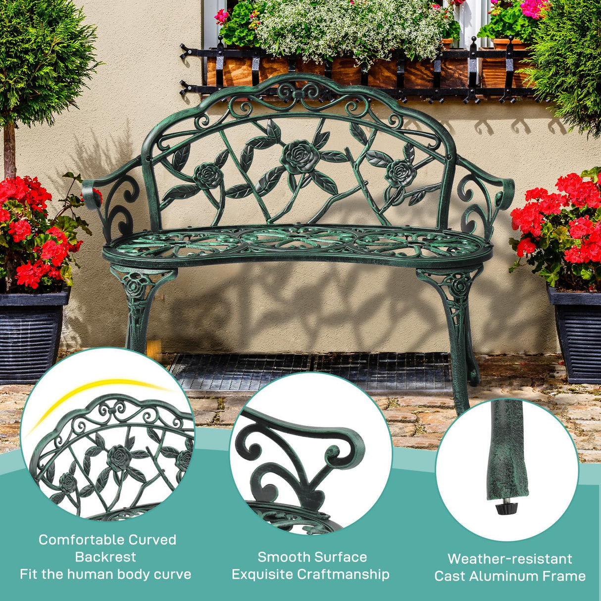 VINGLI 38.5" Patio Park Garden Outdoor Metal Rose Bench,Cast Iron Cast Aluminium Frame Antique Finish Chair,Accented Lawn Front Porch Path Yard Decor Deck Furniture for 2 Person Seat（Green&Black VINGLI