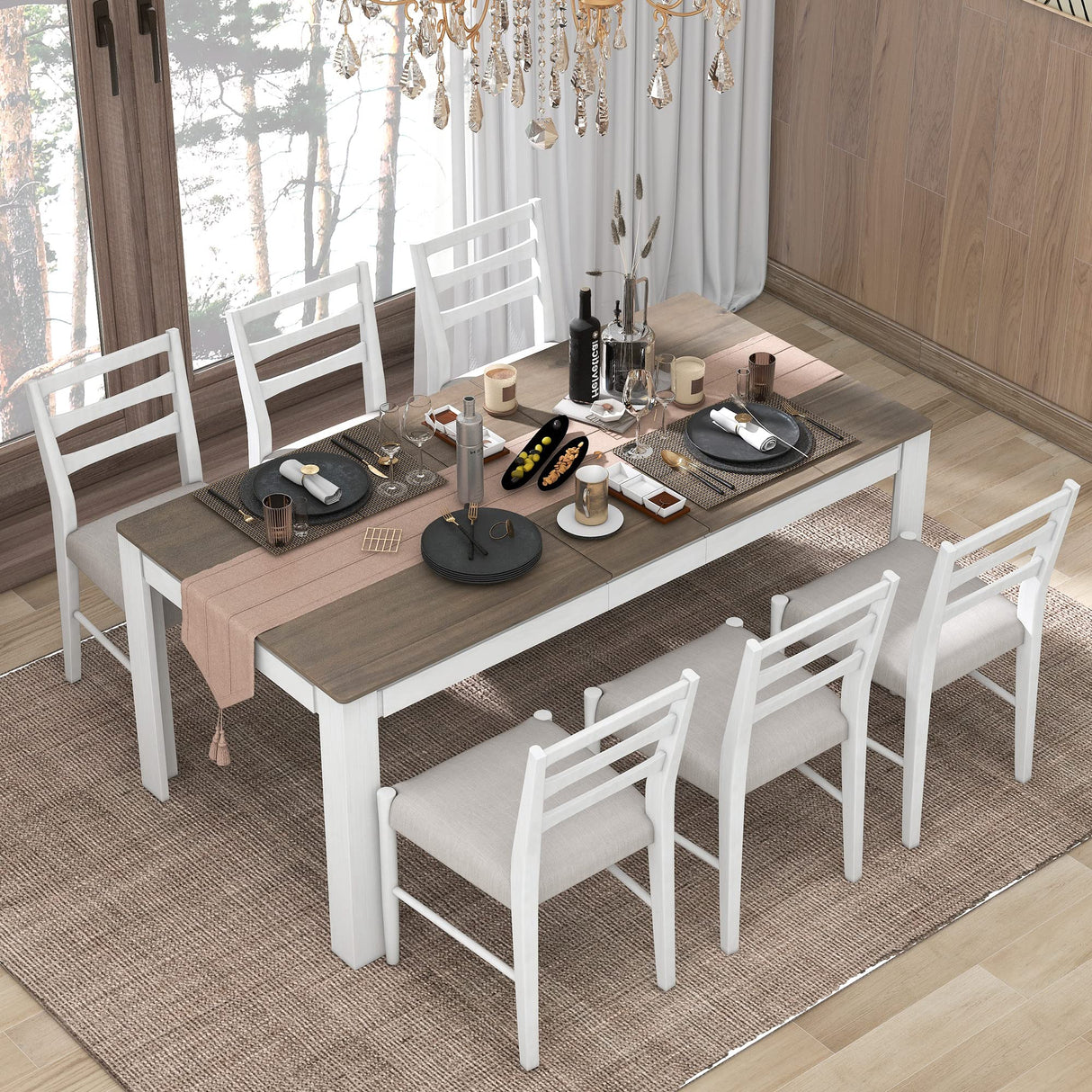 LUMISOL Solid Wood 7 Piece Kitchen Table Set with Chairs Farmhouse Extendable Dining Room Table Set with Storage Drawer for 6, Brown+White LUMISOL