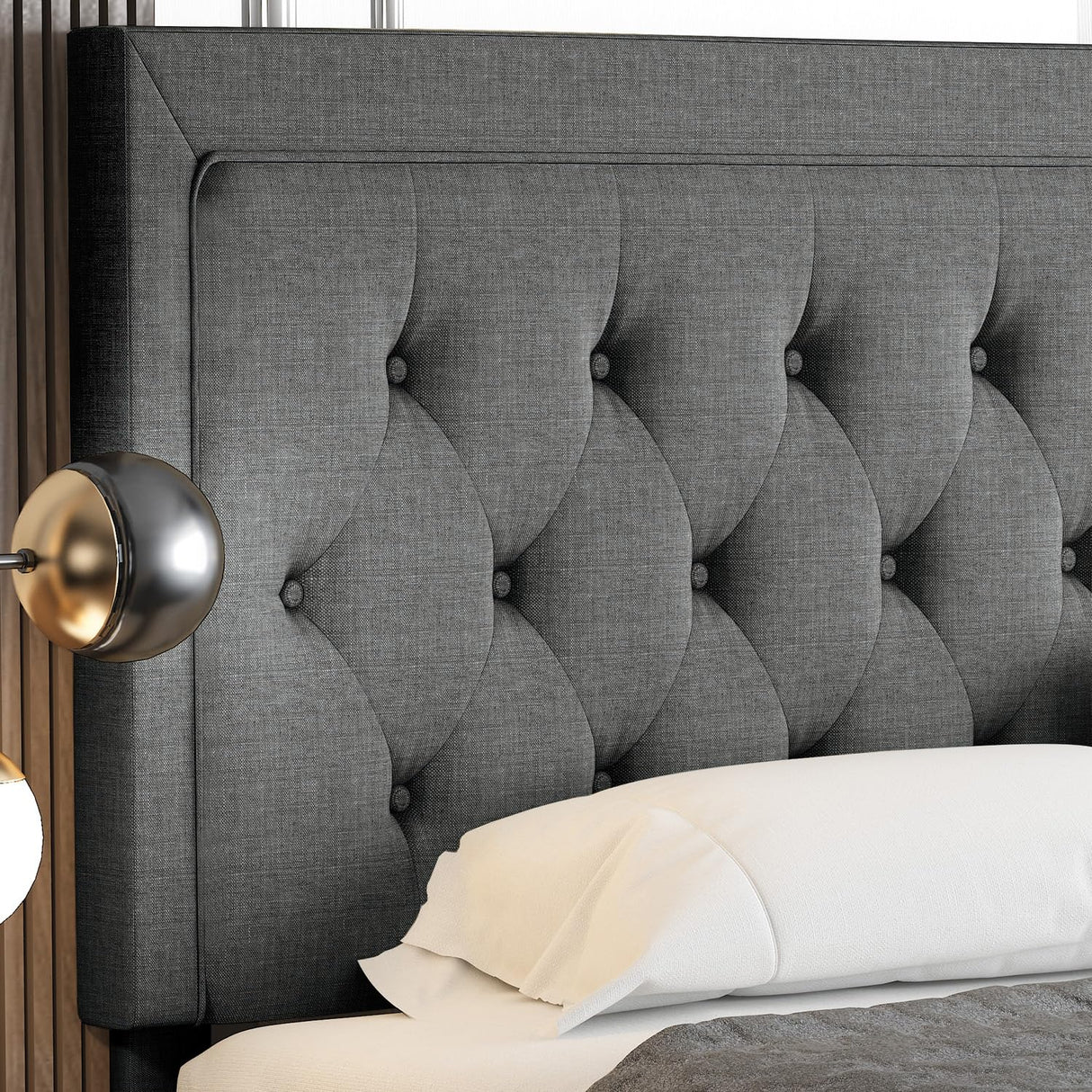 Allewie Full Size Button Tufted Platform/Fabric Upholstered Bed Frame with Adjustable Headboard/Wood Slat Support/Mattress Foundation/Dark Grey (Full) Allewie