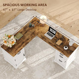 Whalefall Farmhouse L Shaped Desk with Drawers, 67 Inch Executive Home Office Desk with File Cabinet, Computer Corner Desk with Charging Station, White Whalefall