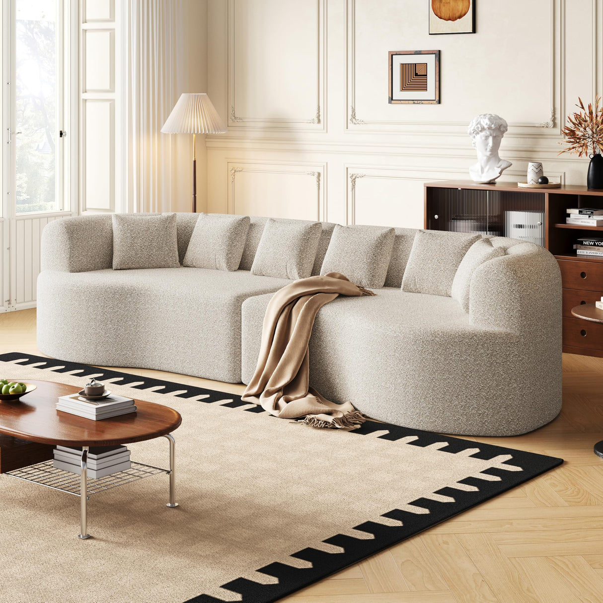 KEIKI 106.3" Curved Sectional Sofa, Oversized Cloud Couch with 6 Pillows, Deep Seat Sofa for Living Room, Guest, Bedroom, No Assembly Required, Light Khaki KEIKI