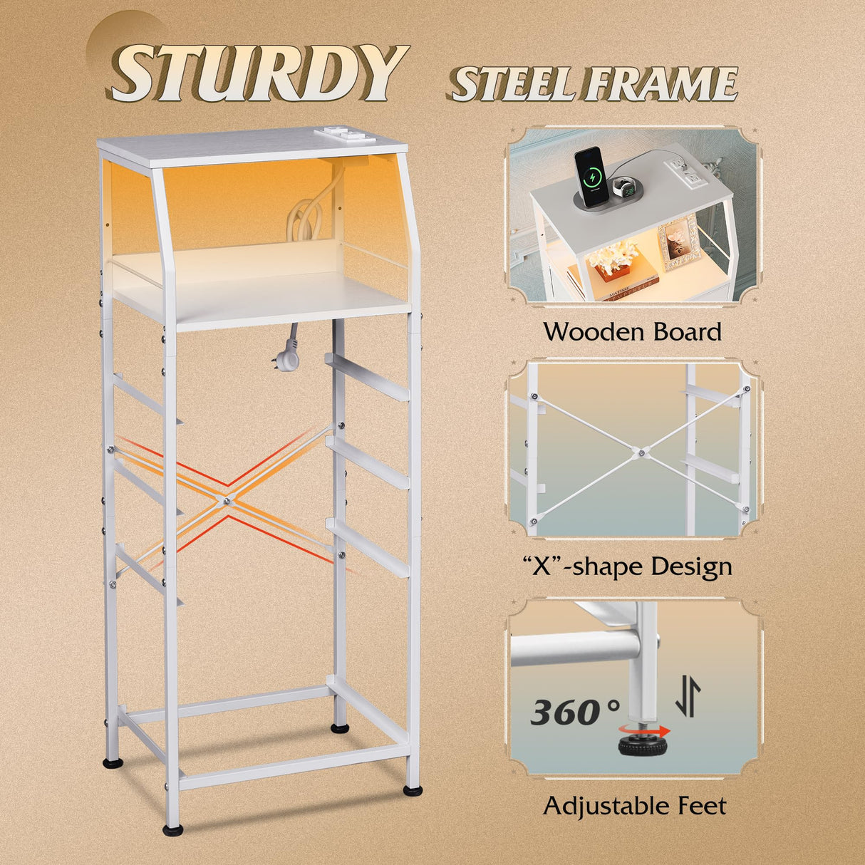 WLIVE Night Stand with Charger Station, White Nightstand with LED Light and 4 Storage Drawers, Tall Dresser for Bedroom, 37.48" H Bedside Table with Fabric Bins, Wood Shelf WLIVE