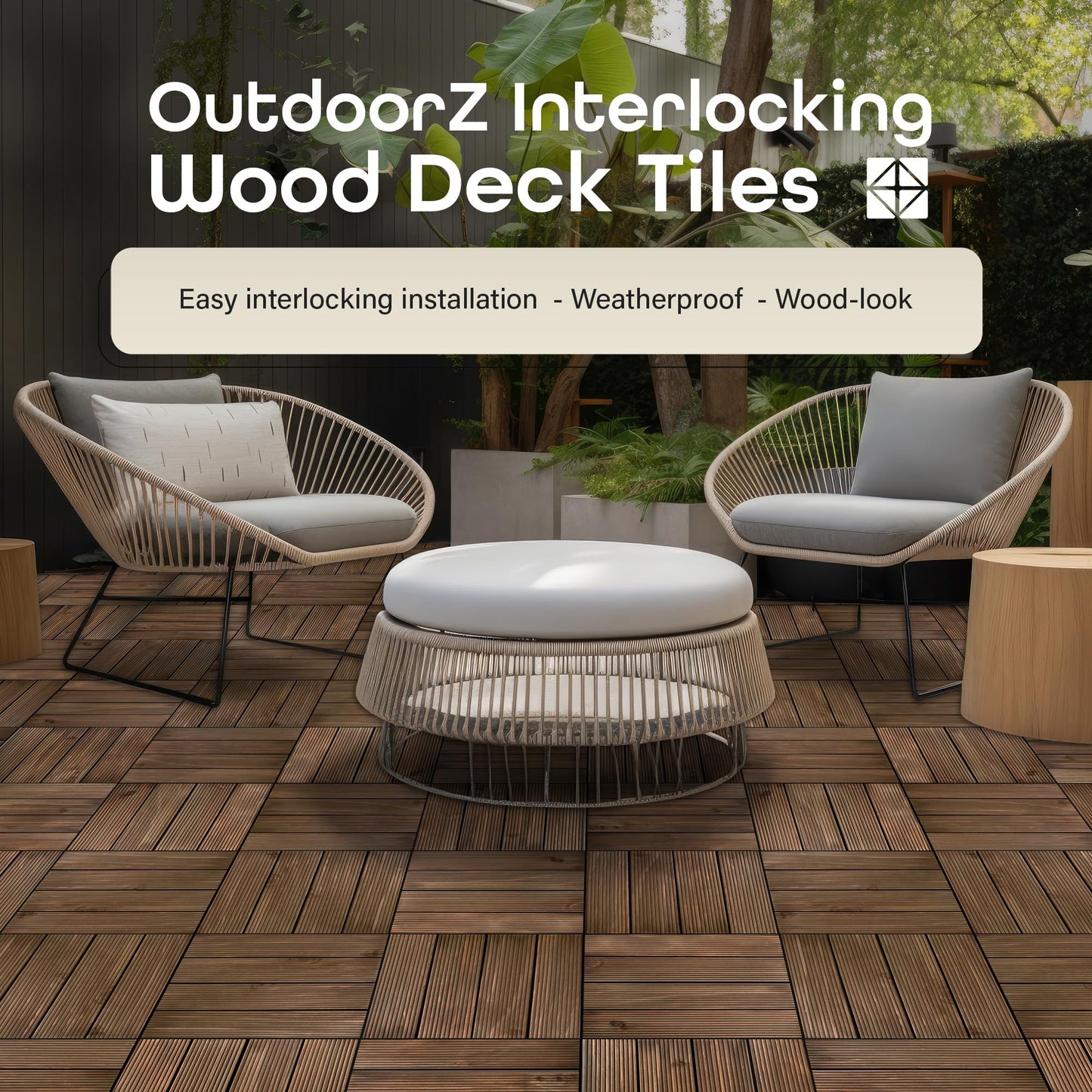 OutdoorZ Interlocking 12-Inch Deck Tiles, 27 Tiles - 12" x 12", Plank Royal Mahogany - DIY Weatherproof Patio Tiles - High-Quality Durable Deck Flooring for Outdoor & Indoor Use by Achim Home - WoodArtSupply