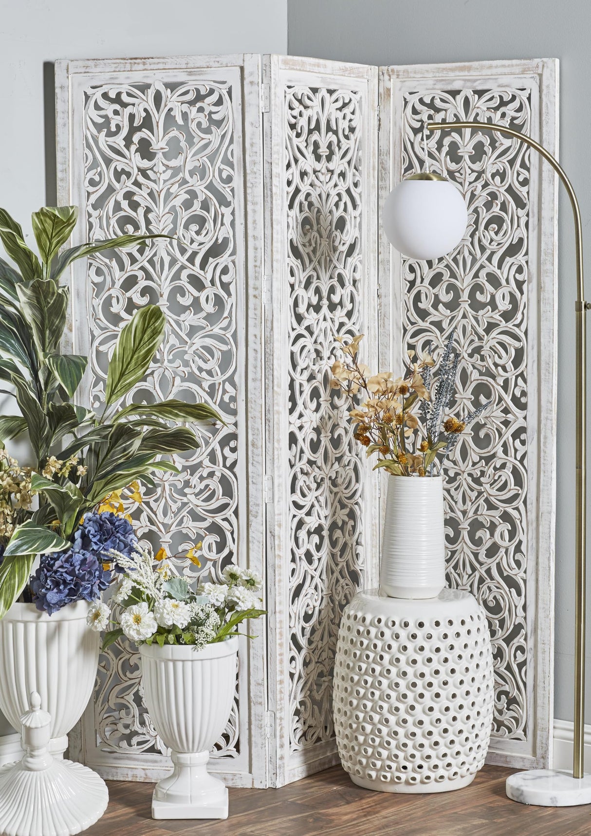Deco 79 Wooden Floral Handmade Partition Room Divider Screen Hinged Foldable Partition 3 Panel Privacy Screen with Intricate Carved Design, Room Partition 60" x 1" x 69", White Deco 79
