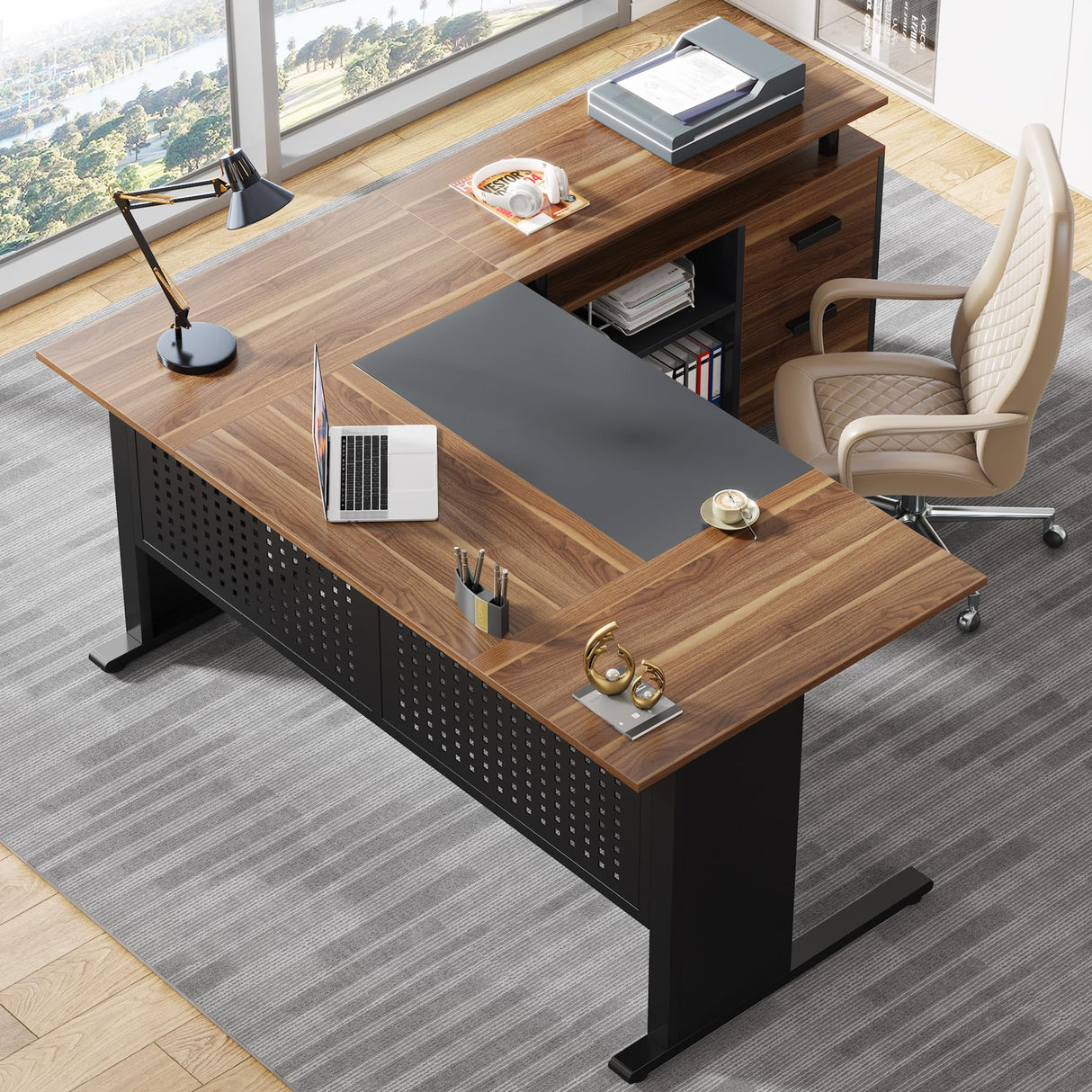 Tribesigns 63 Inch Executive Desk with File Cabinet, Large Office Desk L Shaped Computer Desk with Drawers and Storage Shelves, Business Furniture Desk Workstation for Home Office, Brown and Black Tribesigns