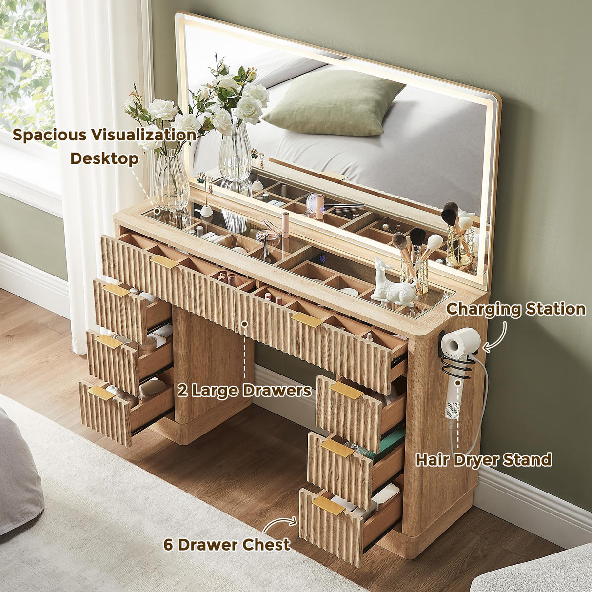 T4TREAM 48" Fluted Makeup Vanity Desk with Large Led Lighted Mirror, Modern Vanity Table with 8 Drawers & Charging Station, Glass Top Dressing Table for Bedroom, Natural Oak T4TREAM