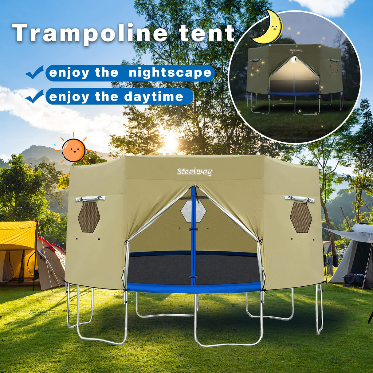 Steelway 14FT Trampoline Tent Cover for Straight Pole Round Trampoline with 6 W-Shape Legs steelway