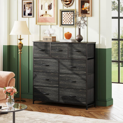 WLIVE 9-Drawer Dresser, Fabric Storage Tower for Bedroom, Entryway, Closet, Tall Chest Organizer Unit with Fabric Bins, Steel Frame, Wood Top, Easy Pull Handle, Charcoal Black Wood Grain Print