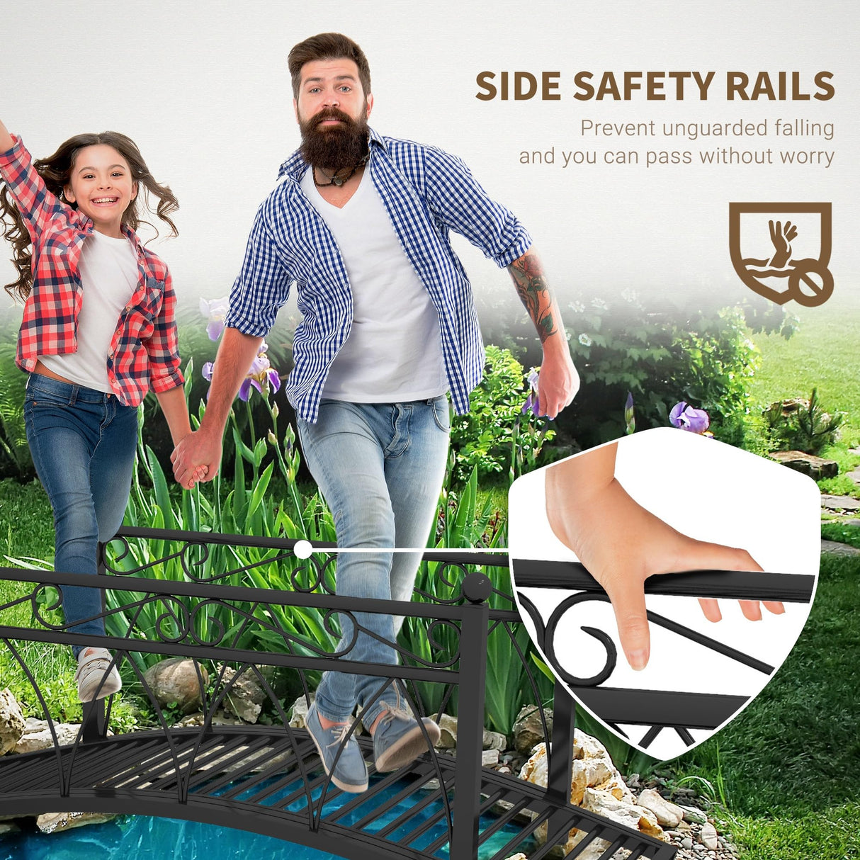 Outsunny 3.3' Metal Arch Zen Garden Bridge with Safety Siderails, Decorative Footbridge, Delicate Scrollwork & Corner Spheres for Stream, Fish Pond, Black Outsunny