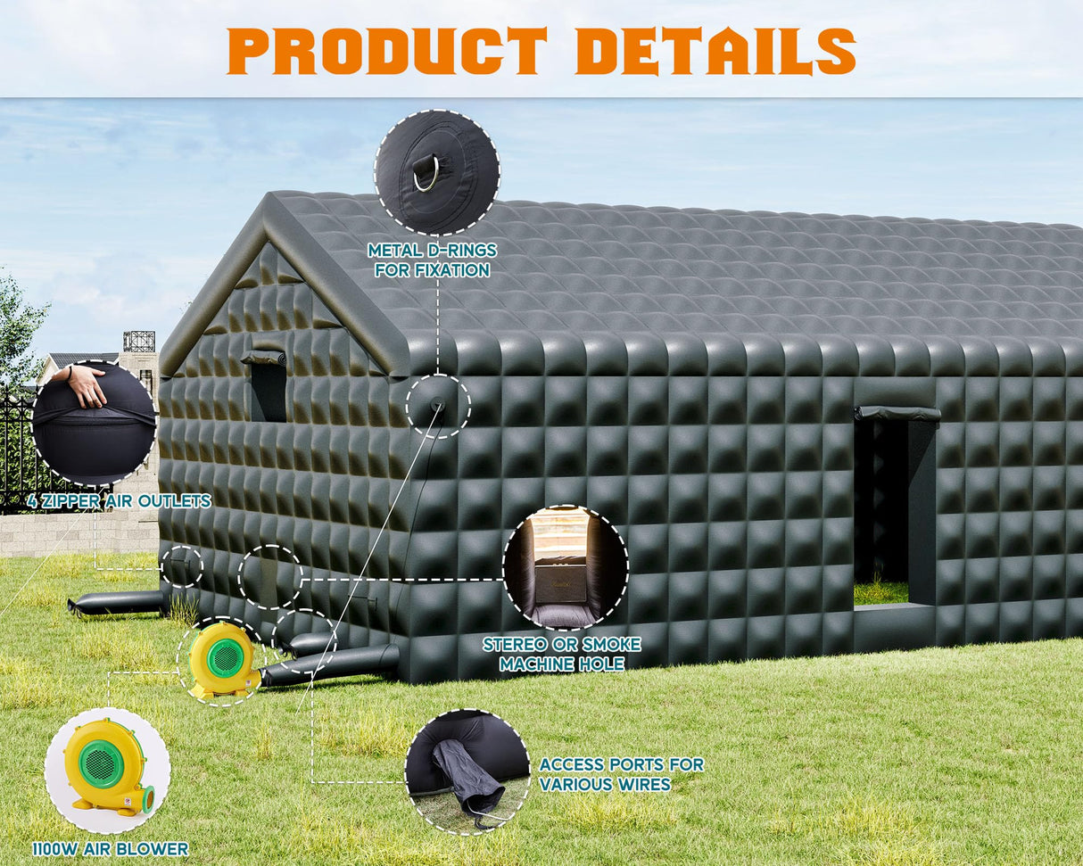 Albott 30x20x14 FT Large Black Inflatable Night Club Tent for Adults with 2 Side Doors, Inflatable Nightclub with Logo Area Gazebo Event House for Wedding Birthday Backyard Party Albott