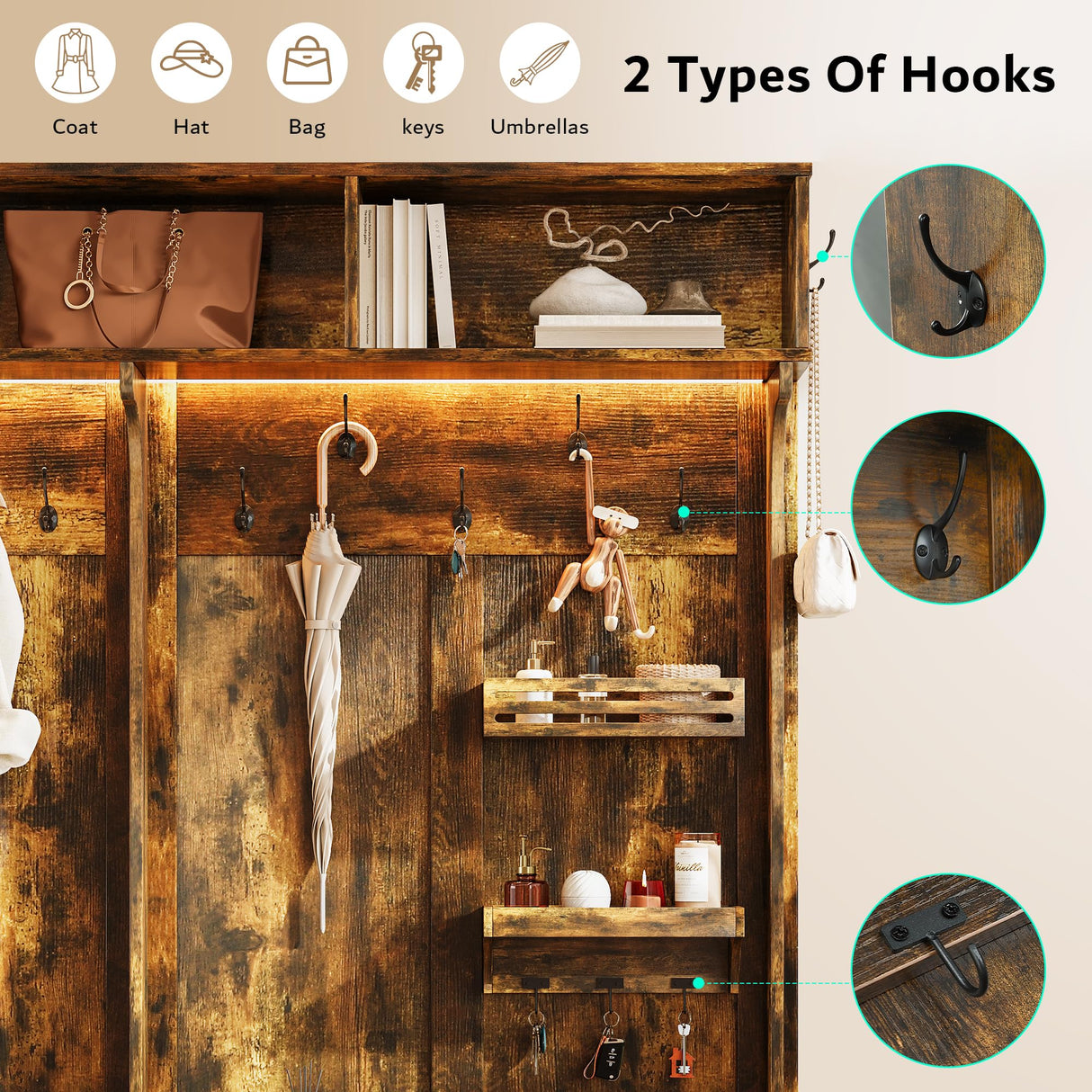 iPormis 70“ Large Hall Tree with Bench and Adjustable Storage Shelves, 6-in-1 Farmhouse Entryway Bench w/Coat Rack, Top Storage, Small Shelves for Entryway, Living Room, Led Lights, Rustic Brown iPormis