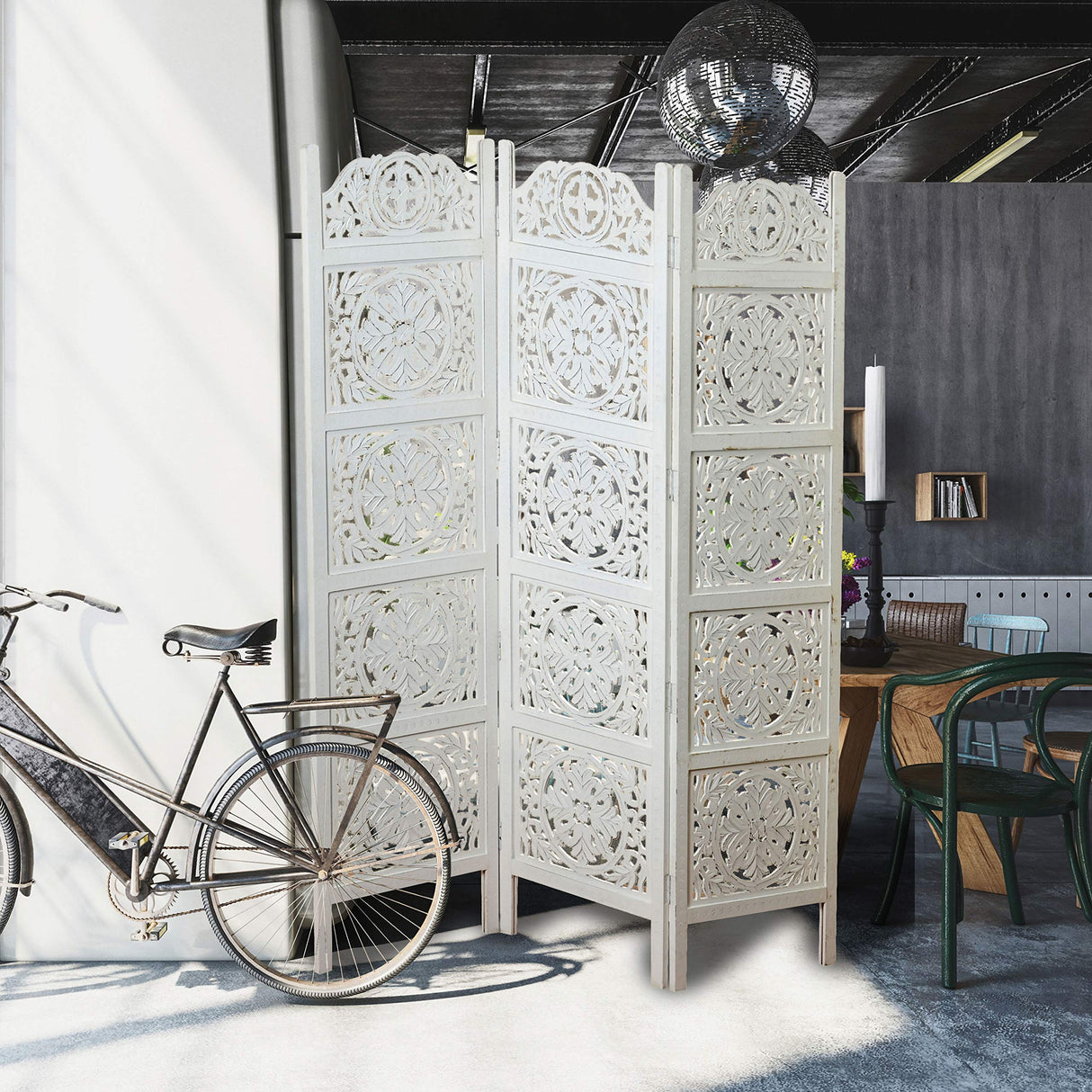 Heritage Home Screen Farmhouse Room Divider, Vintage Style Magnolia Medallions, Handcrafted of Sustainable Mango Wood, Rustic White, Distressed Finish, 6 Ft Tall (72 x 59 inches) by WHW WHW Whole House Worlds