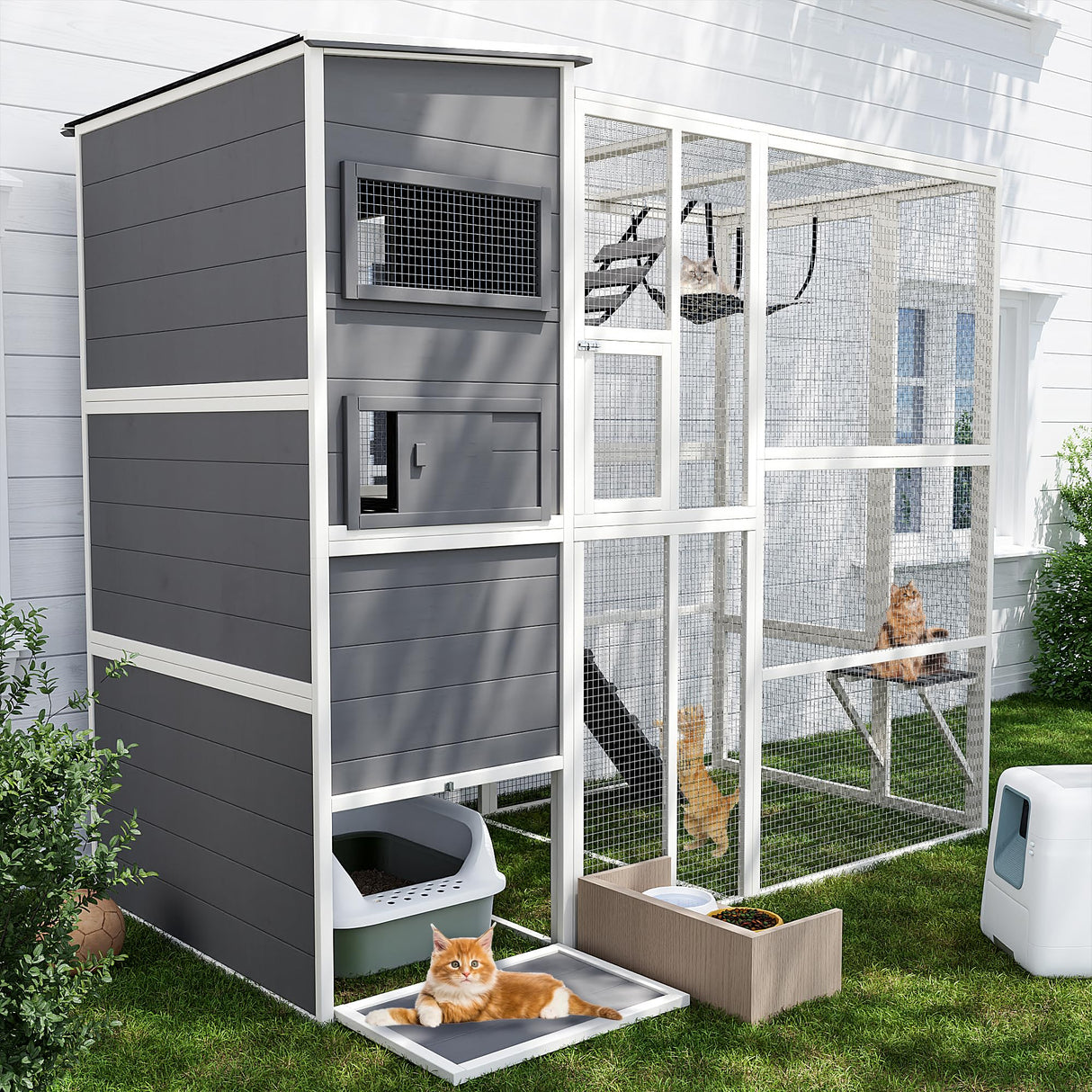 Catio Outdoor Cat Enclosure,4 Tiers Large Enclosures for Mulitiple Cats Walk in Cat Patio with Waterproof Roof, 74" Outdoor Catios with Hanging Hammock (Grey, 74”) QUYZE