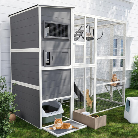 Catio Outdoor Cat Enclosure,4 Tiers Large Enclosures for Mulitiple Cats Walk in Cat Patio with Waterproof Roof, 74" Outdoor Catios with Hanging Hammock (Grey, 74”) QUYZE
