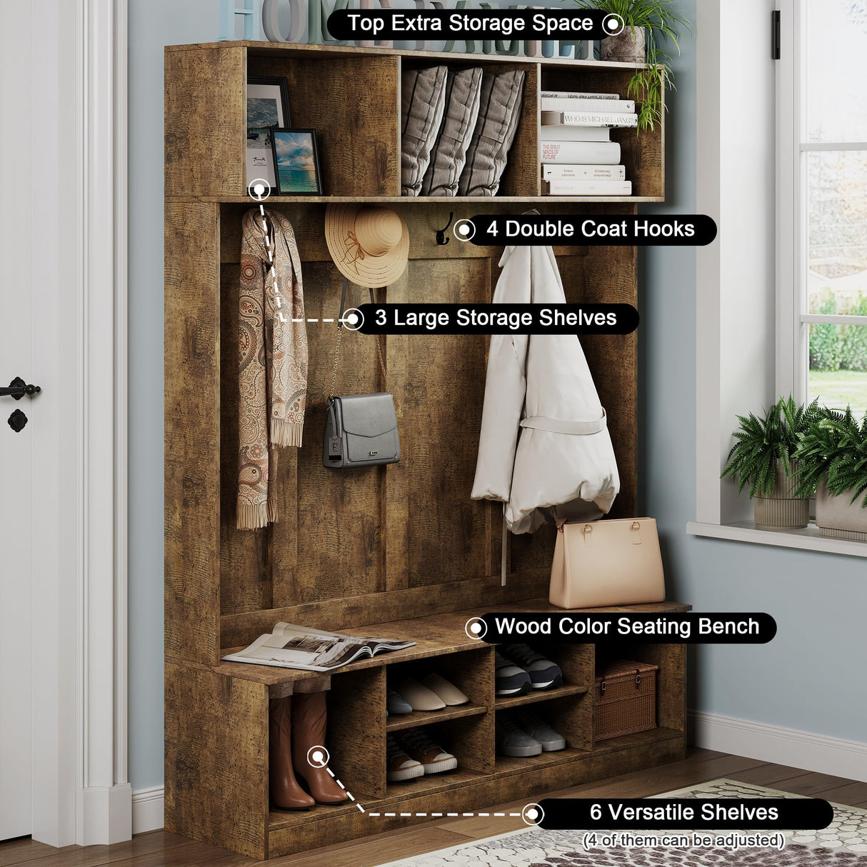 Apeaka Hall Tree with Bench and Storage, Farmhouse 75" H Tall Hall Tree Wood Entryway Shoe Bench with Coat Rack and Storage Shelves for Mudroom, Rustic Brown Apeaka