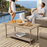 YITAHOME Outdoor Wicker Coffee Table with 2-Layer, 39.4" Rectangle Outside Side Table with Faux Wood Top, All-Weather Rattan Patio Bistro Table for Garden Backyard Porch - Brown YITAHOME