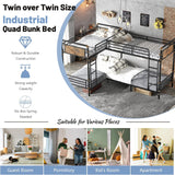 Mirightone Quad Bunk Bed, Heavy Duty Metal 4 Bunk Beds for Kids with Ladders, Detachable Industrial L-Shaped Bunk Beds, Space Saving Design,Can Be Divided Into 3 Twin Beds, Black Mirightone