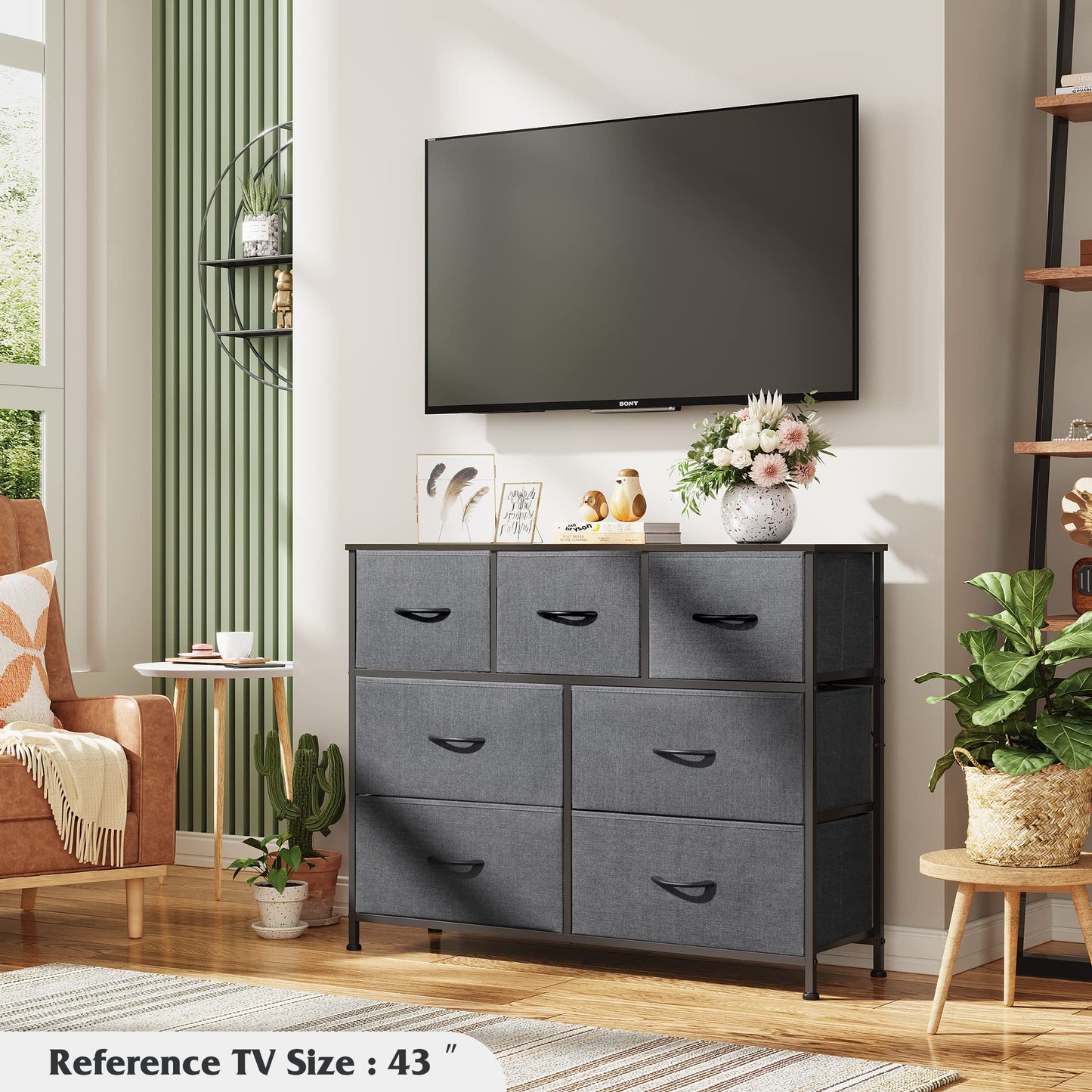 WLIVE Dresser TV Stand, Entertainment Center with Fabric Drawers, Media Console Table with Metal Frame and Wood Top for TV up to 45 inch, Chest of Drawers for Bedroom, Dark Grey