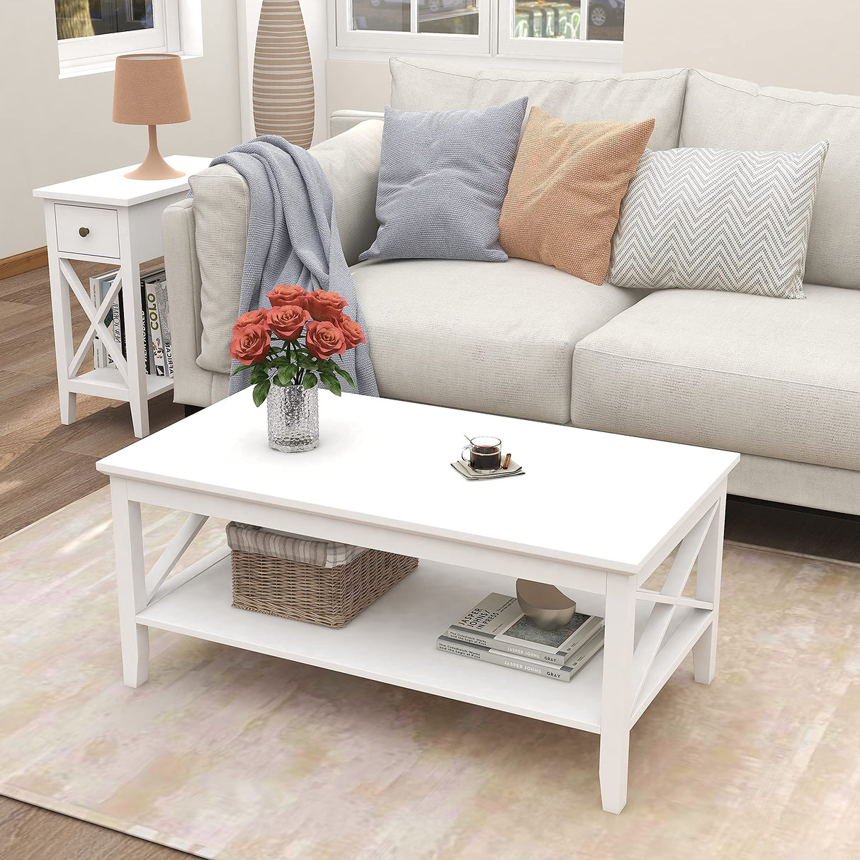 ChooChoo White Coffee Table Classic X Design for Living Room, Rectangular Modern Cocktail Table with Storage Shelf, 39 Inch ChooChoo