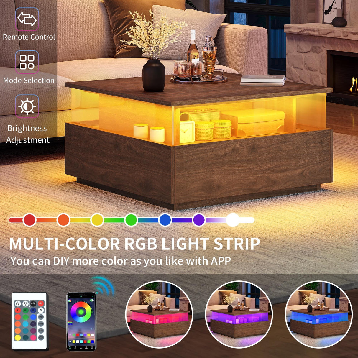 YITAHOME LED Coffee Tables for Living Room, Modern Square Coffee Table with Storage 2 Drawers, Acrylic Glass Coffee Table Farmhouse Wood Center Table, Brown YITAHOME