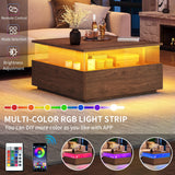 YITAHOME LED Coffee Tables for Living Room, Modern Square Coffee Table with Storage 2 Drawers, Acrylic Glass Coffee Table Farmhouse Wood Center Table, Brown YITAHOME