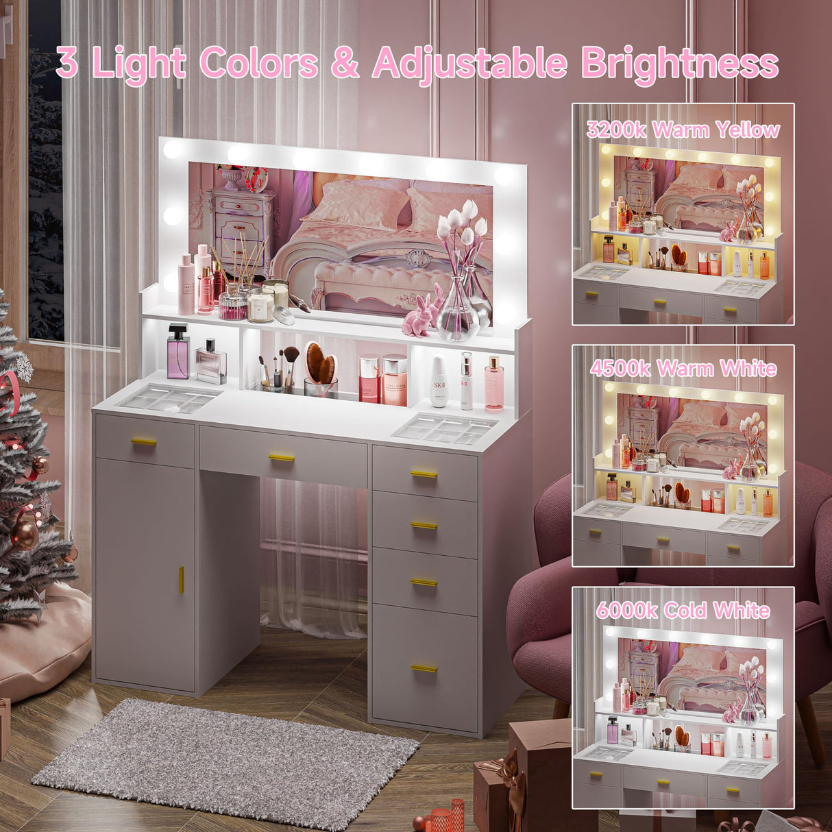 VoirStar Glass Vanity Desk with Large Lighted Mirror, 45" Big Makeup Vanity with 6 Drawers & Cabinet, 3 Lighting Colors, Makeup Vanity Desk with Glass Top, Hollywood Makeup Vanity with Lights, White VoirStar