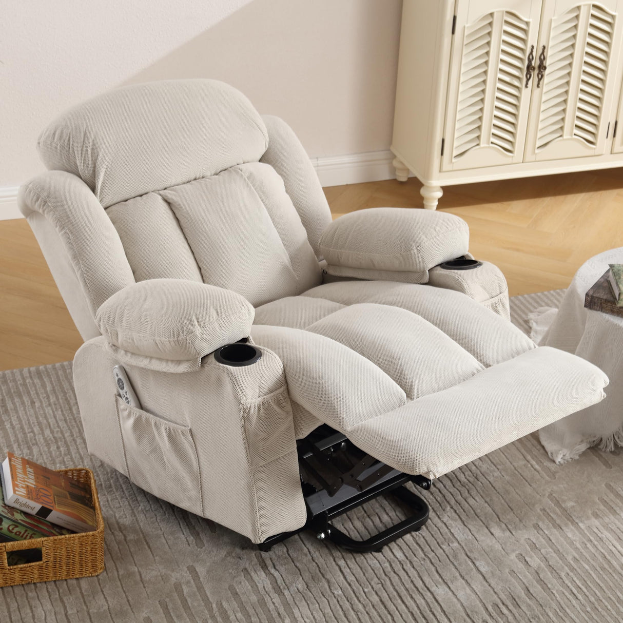 BOSMILLER Power Lift Recliner Chair with Heat and Massage Electric Fabric Recliner Chair for Elderly with Side Pocket, USB Charge Port, Remote Control for Living Room (Cream) BOSMILLER