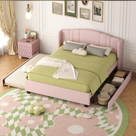 Queen Size Platform Bed Frame, Linen Fabric Upholstered Bed with Wingback Headboard, Twin Size Trundle and 2 Drawers, No Box Spring Needed, Easy Assembly (Pink) BEDGJH