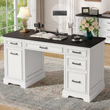 Fynar White Farmhouse Executive Desk with Drawers and Charging Station, 55.1" Wood Home Office Desk with Storage Cabinet,Morden Solid Computer Writing Desk for Study Work Table for Home Office (White) Fynar