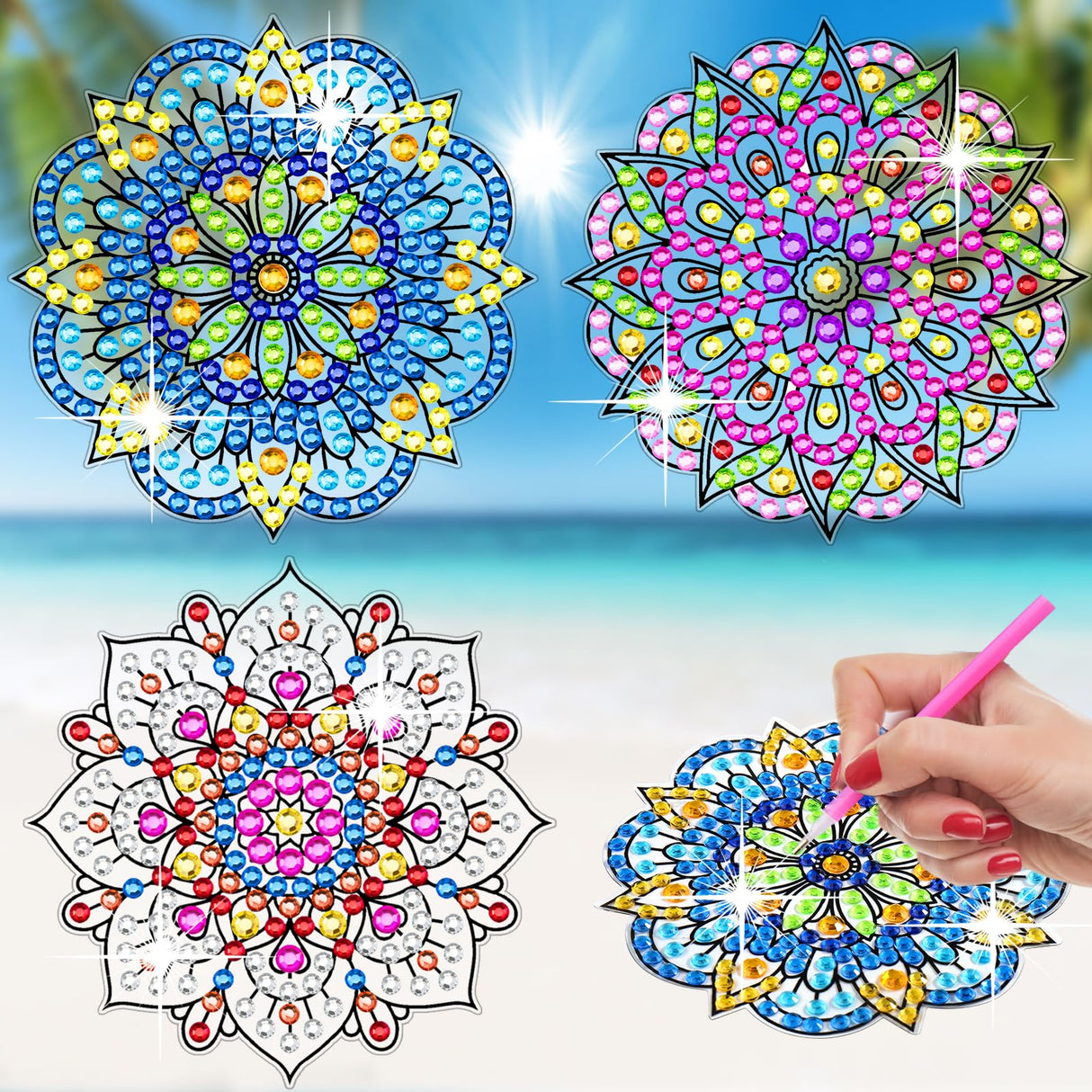 BSRESIN Diamond Art Stained Glass Window Clings with Diamond DIY Pen, 3 Pcs Mandala Window Stickers for Suncatchers, Diamond Art Kits for Adults, Diamond Art Accessories BSRESIN