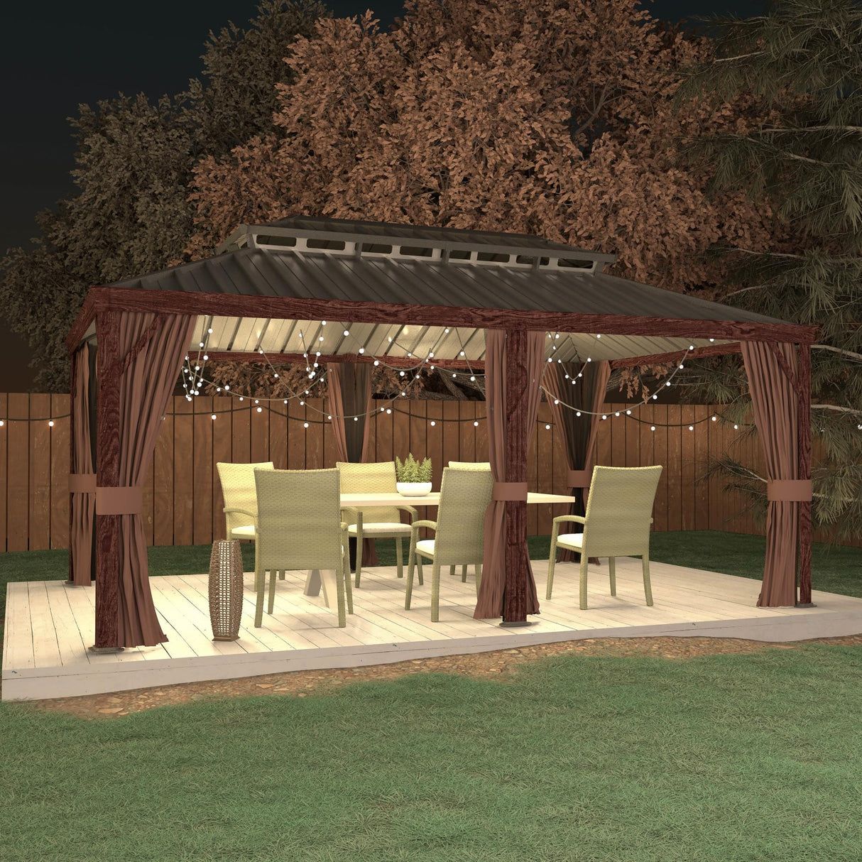 Yardenaler 12x20 FT Gazebo Wooden Finish & Metal Frame, Double Roof Permanent Outdoor Pavilion with Curtain & Netting for Patio. Garden, Backyard Yardenaler